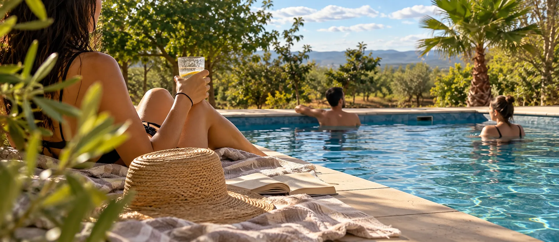 Día de sol junto a la piscina con vistas al monte