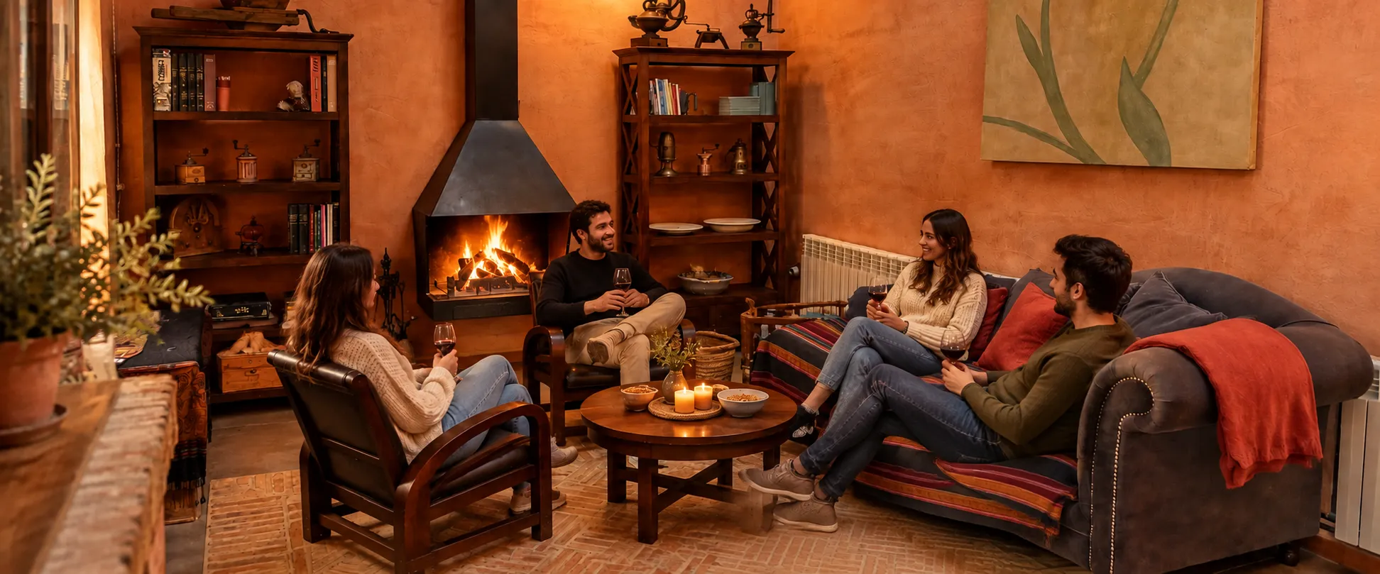 Grupo de amigos conversando en el salón junto a la chimenea encendida