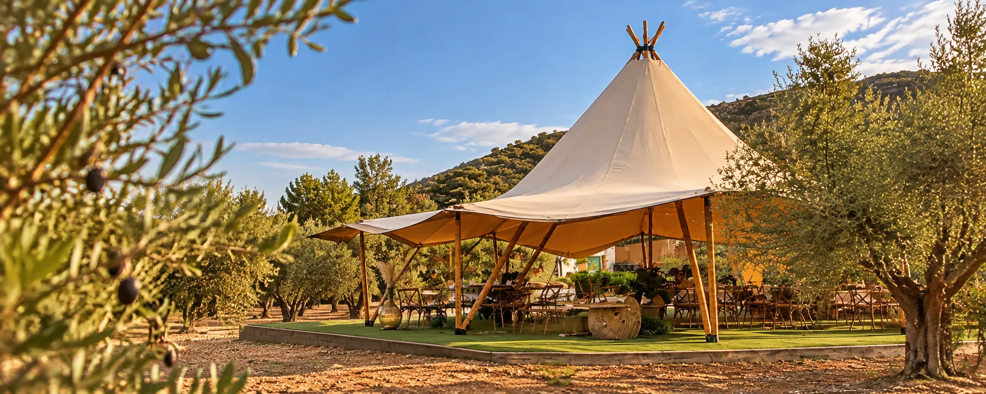 Carpa tipi entre olivos vista desde la finca