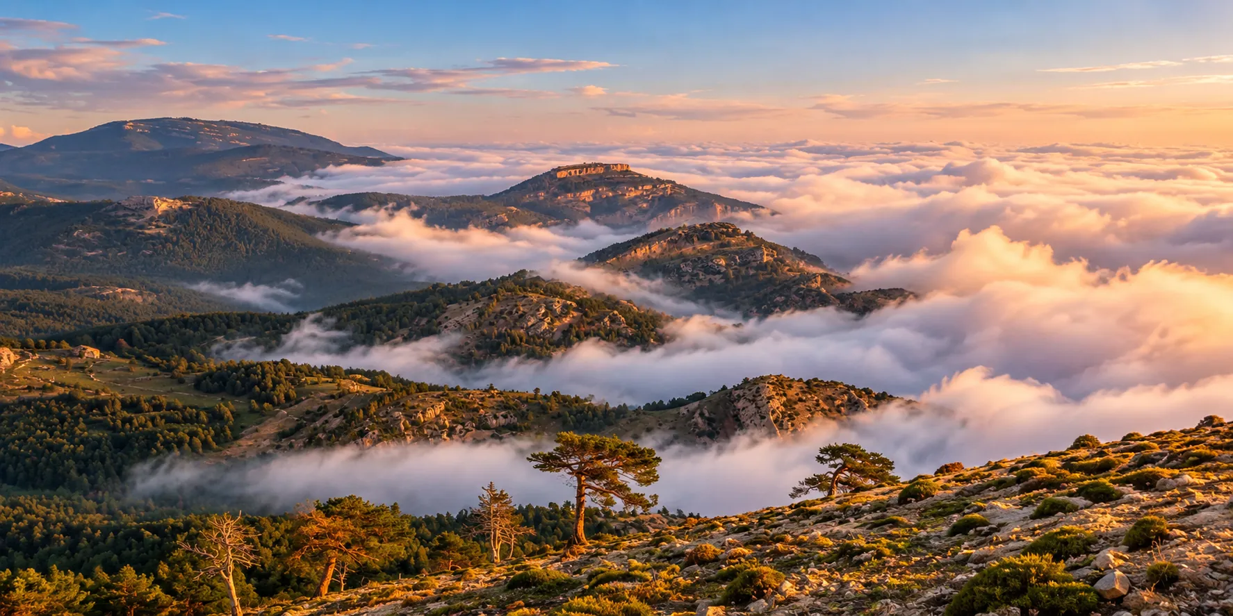 Paisaje montañoso con nubes bajas y luz de amanecer