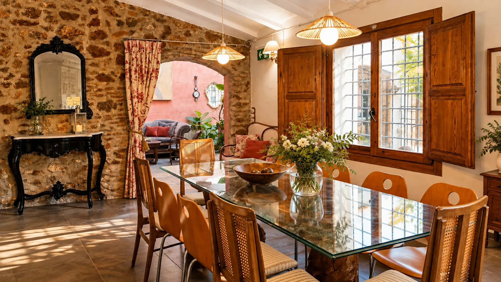 Comedor con mesa de cristal y paredes de piedra iluminado por luz natural