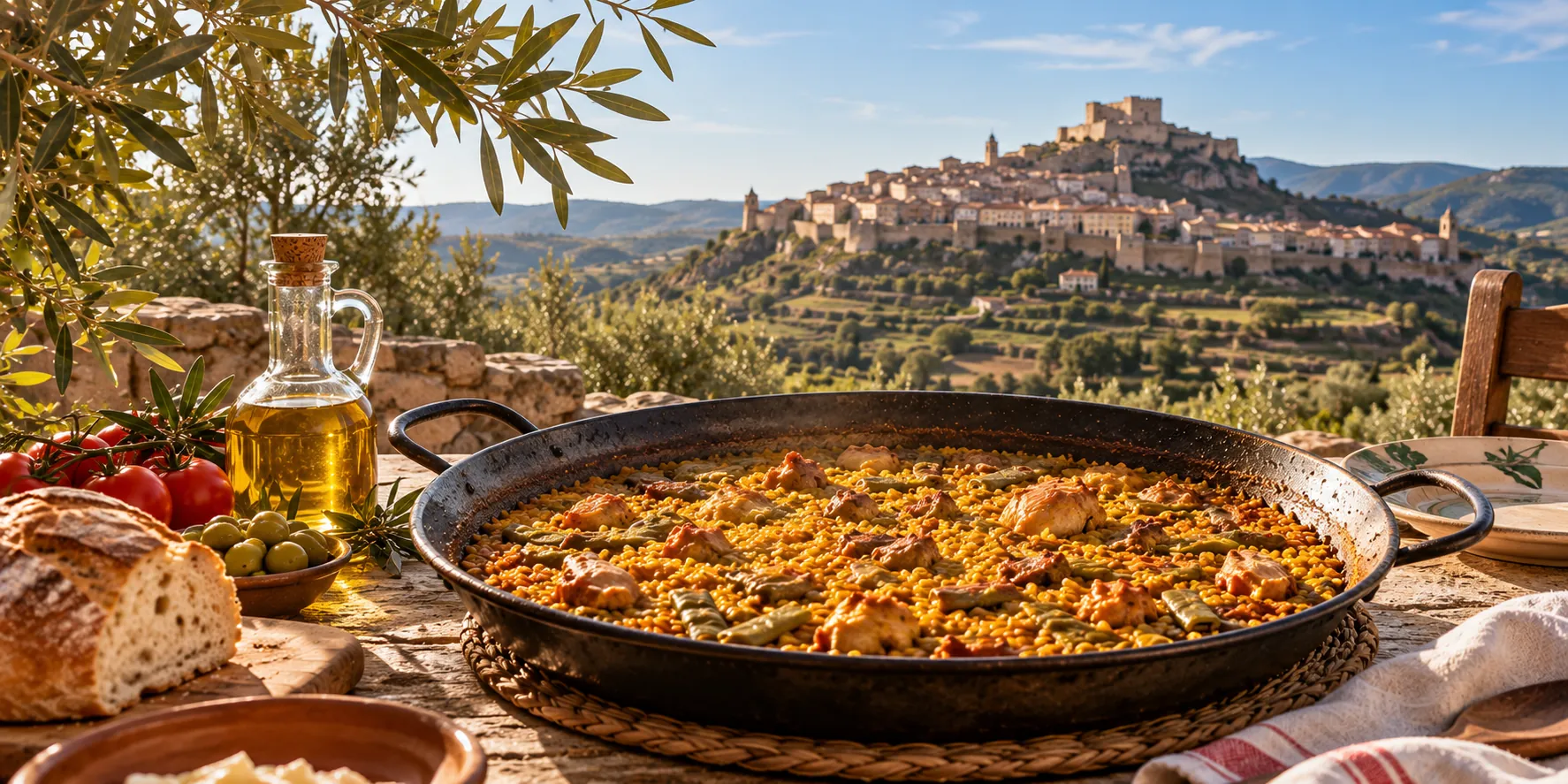 Paella en una mesa rústica con Morella al fondo