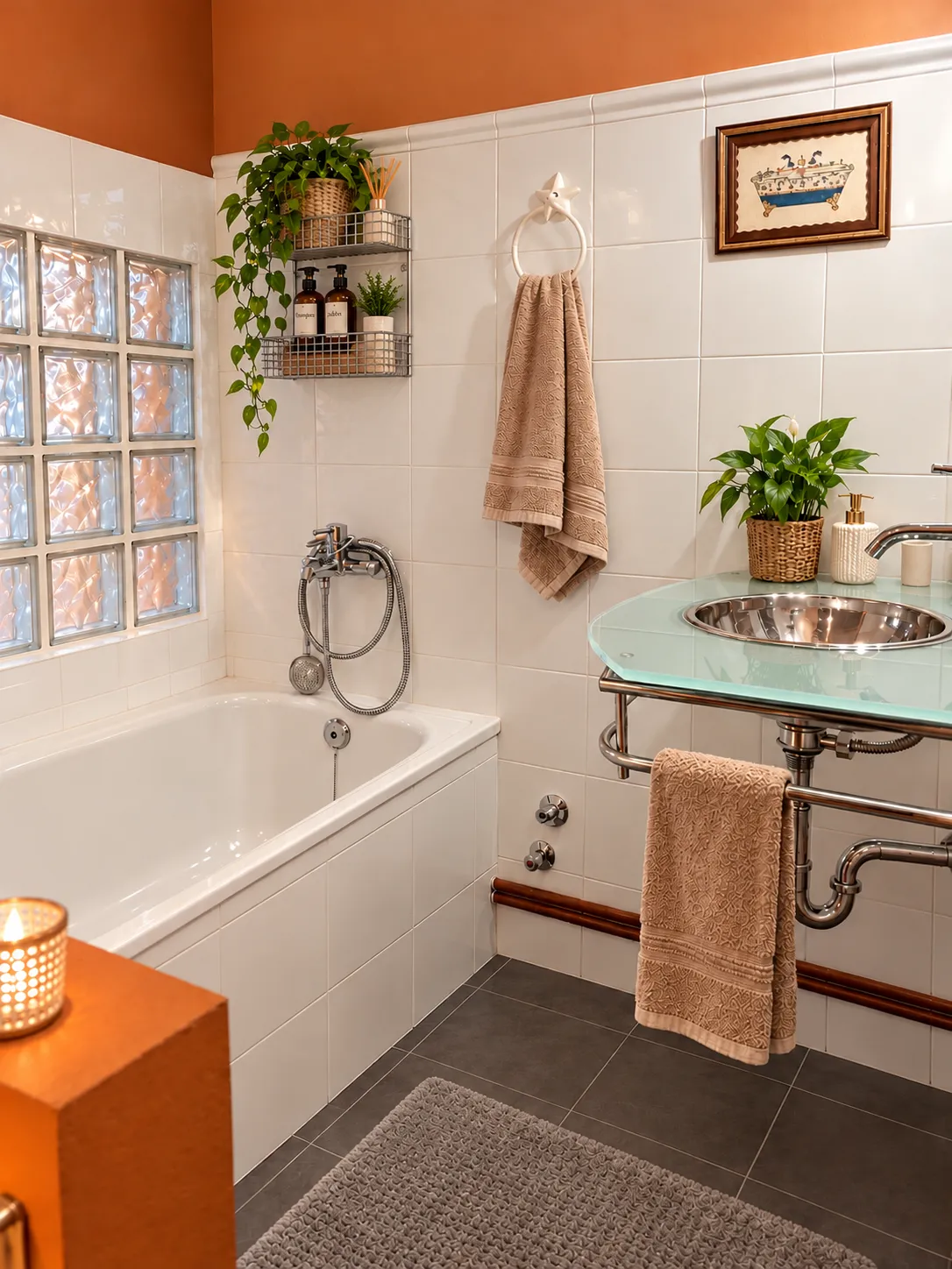 Baño con bañera, toallas y detalles en terracota