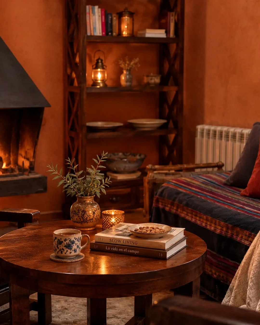 Rincón de lectura junto a la chimenea