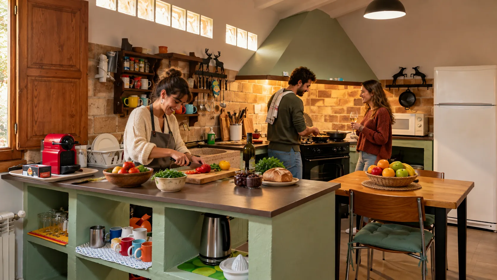 Amigos cocinando juntos en la amplia cocina de la masía