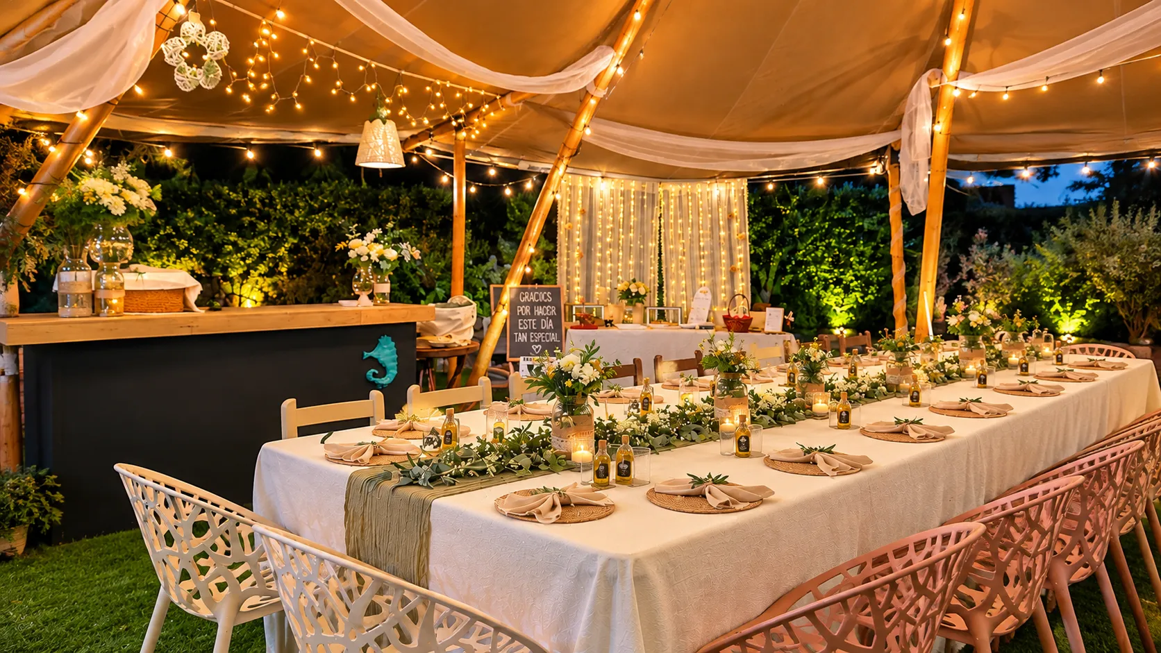 Mesa larga de banquete bajo la carpa con guirnaldas de luces