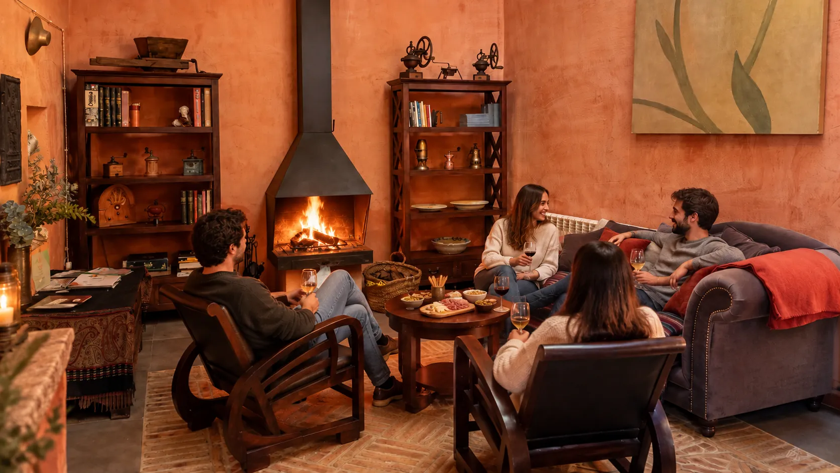 Reunión de amigos con vino en el salón de la chimenea