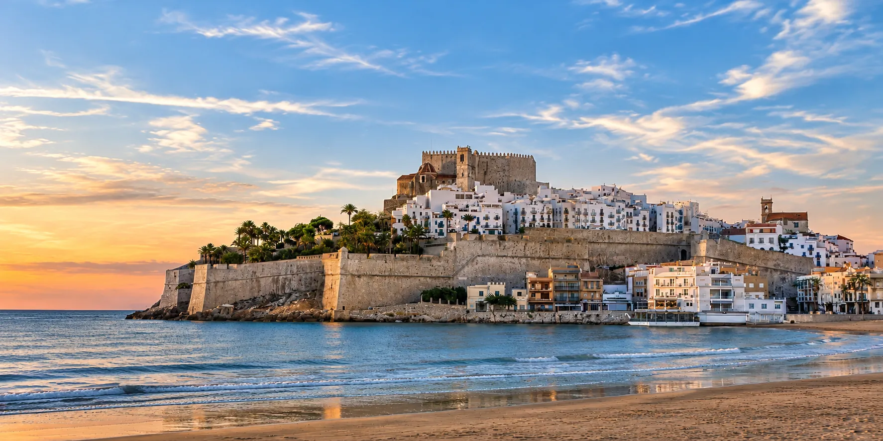 Castillo y casco antiguo junto al Mediterráneo al atardecer