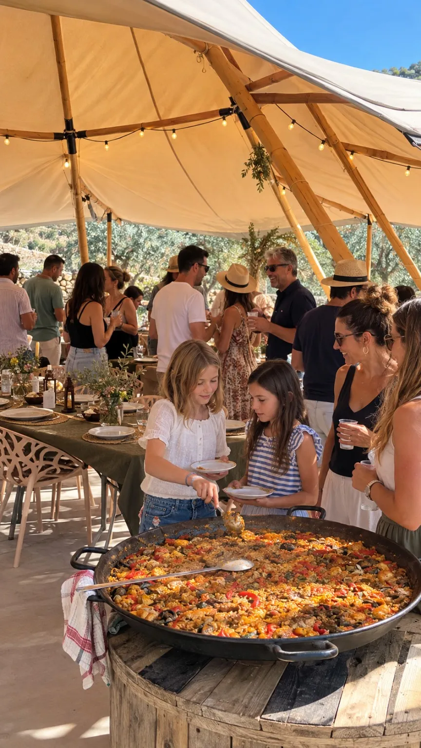 Familia reunida en torno a una paella bajo la carpa tipi