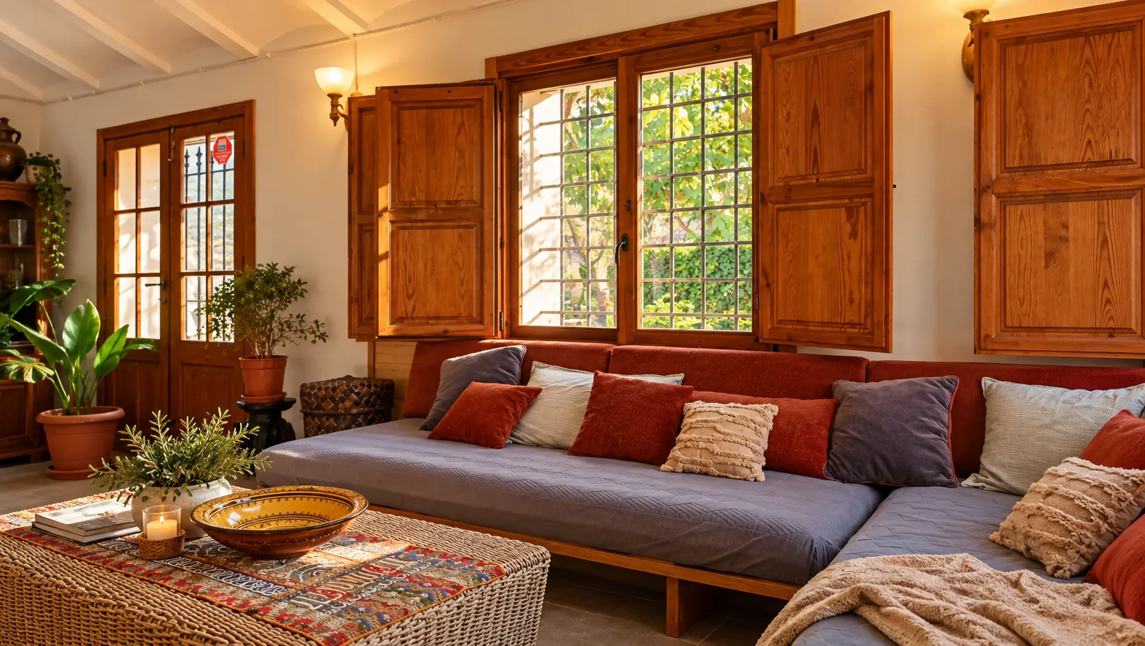 Salón luminoso con sofá y contraventanas de madera