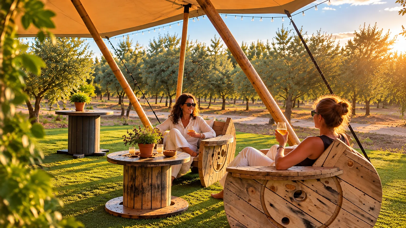 Zona de descanso bajo la carpa tipi con vistas a los olivos