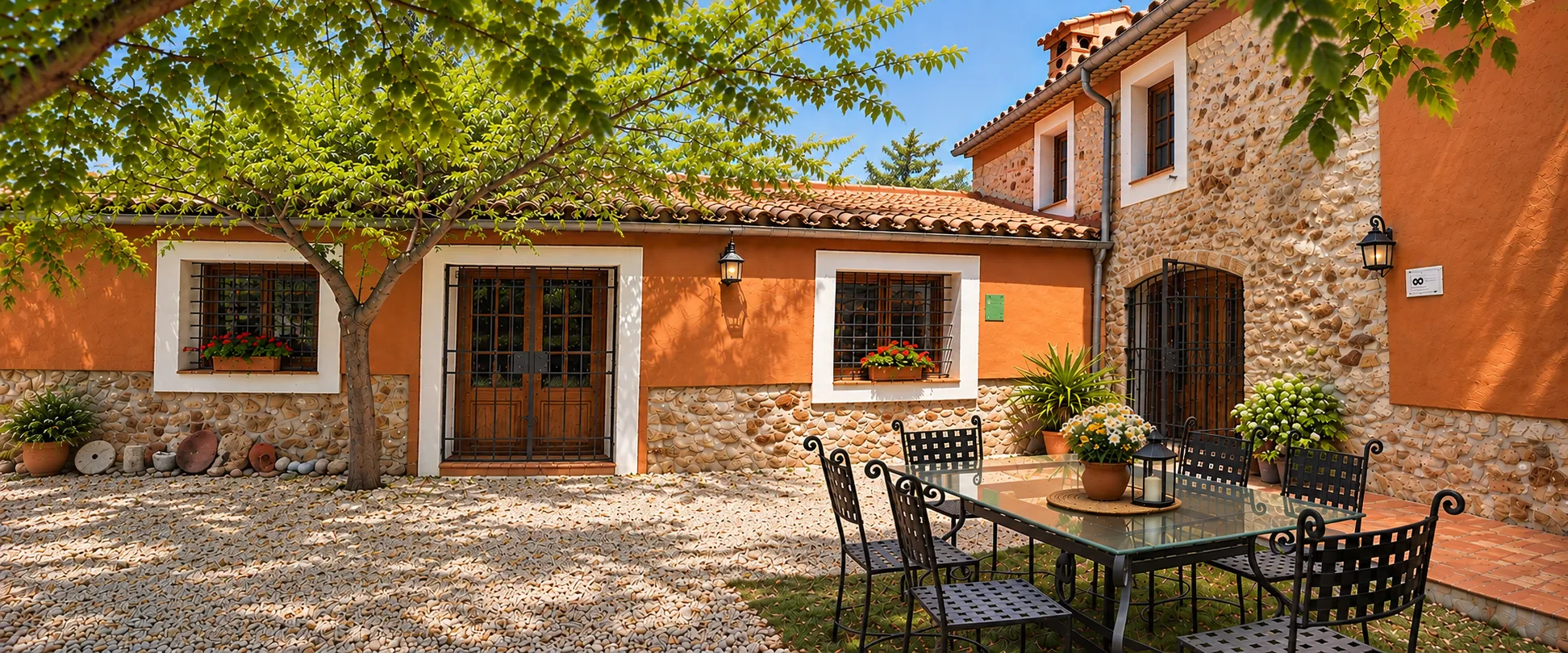 Patio de la masía con mesa exterior a la sombra de un árbol